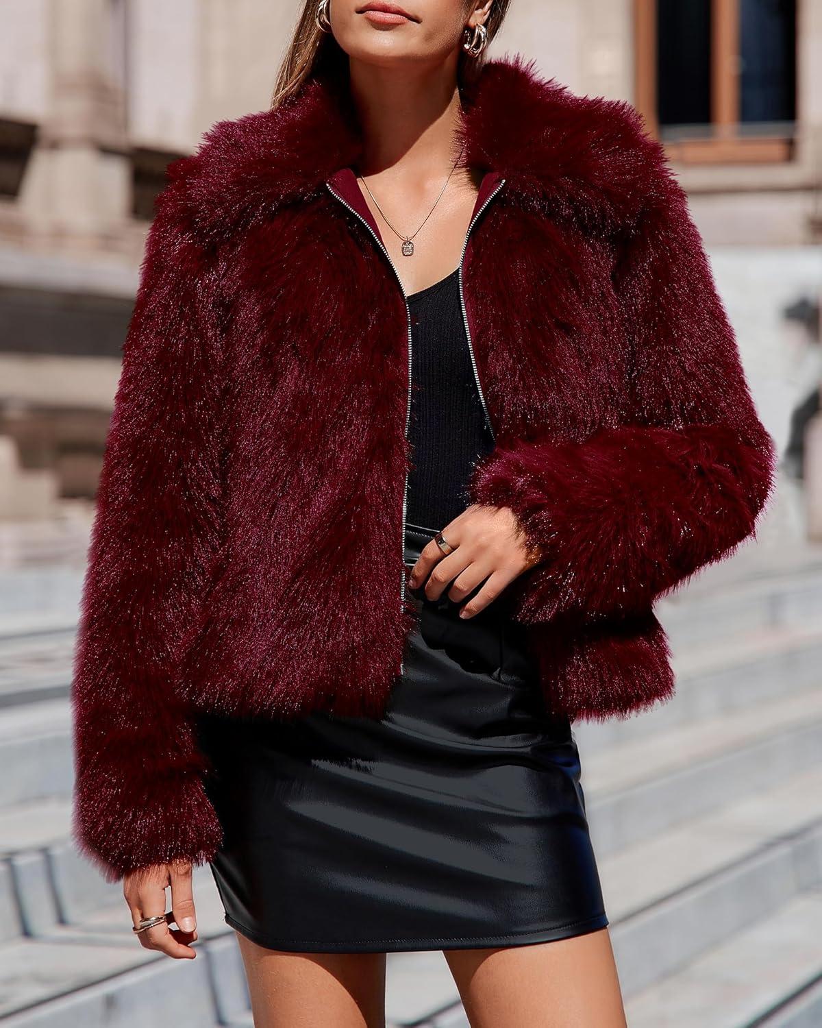imageBTFBM Faux Fur Jacket Women Fluffy Winter Coats Zip Up Fuzzy Jackets Long Sleeve Furry Coat Shaggy 2025 Fall ClothesBurgundy