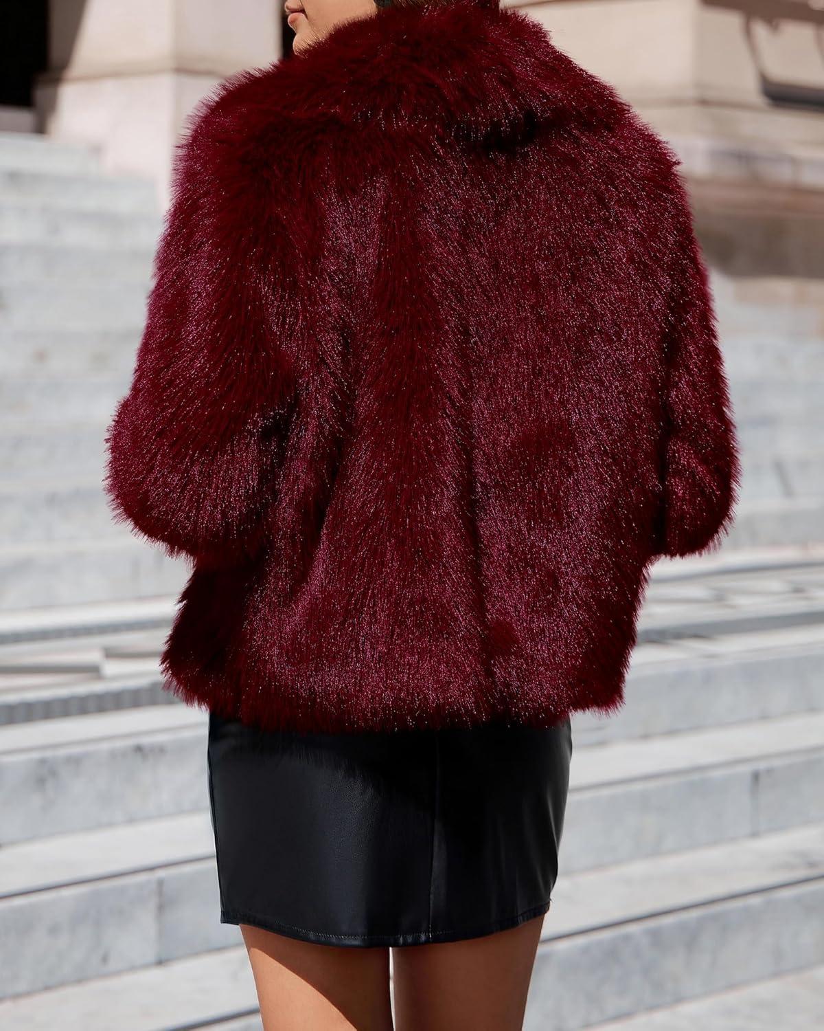 imageBTFBM Faux Fur Jacket Women Fluffy Winter Coats Zip Up Fuzzy Jackets Long Sleeve Furry Coat Shaggy 2025 Fall ClothesBurgundy