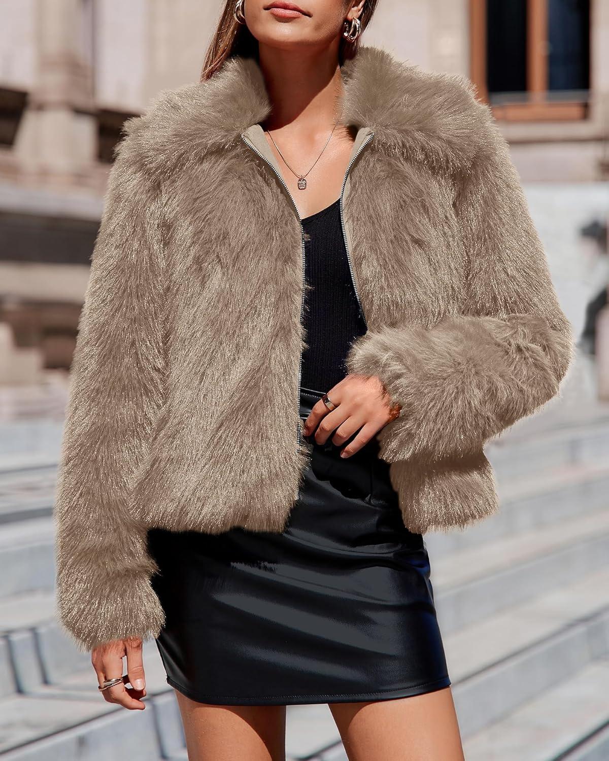 imageBTFBM Faux Fur Jacket Women Fluffy Winter Coats Zip Up Fuzzy Jackets Long Sleeve Furry Coat Shaggy 2025 Fall ClothesKhaki