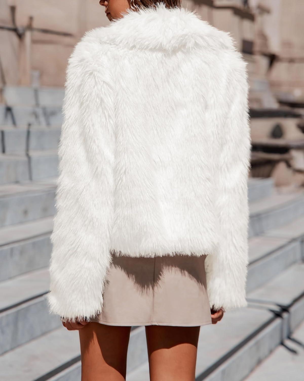 imageBTFBM Faux Fur Jacket Women Fluffy Winter Coats Zip Up Fuzzy Jackets Long Sleeve Furry Coat Shaggy 2025 Fall ClothesWhite