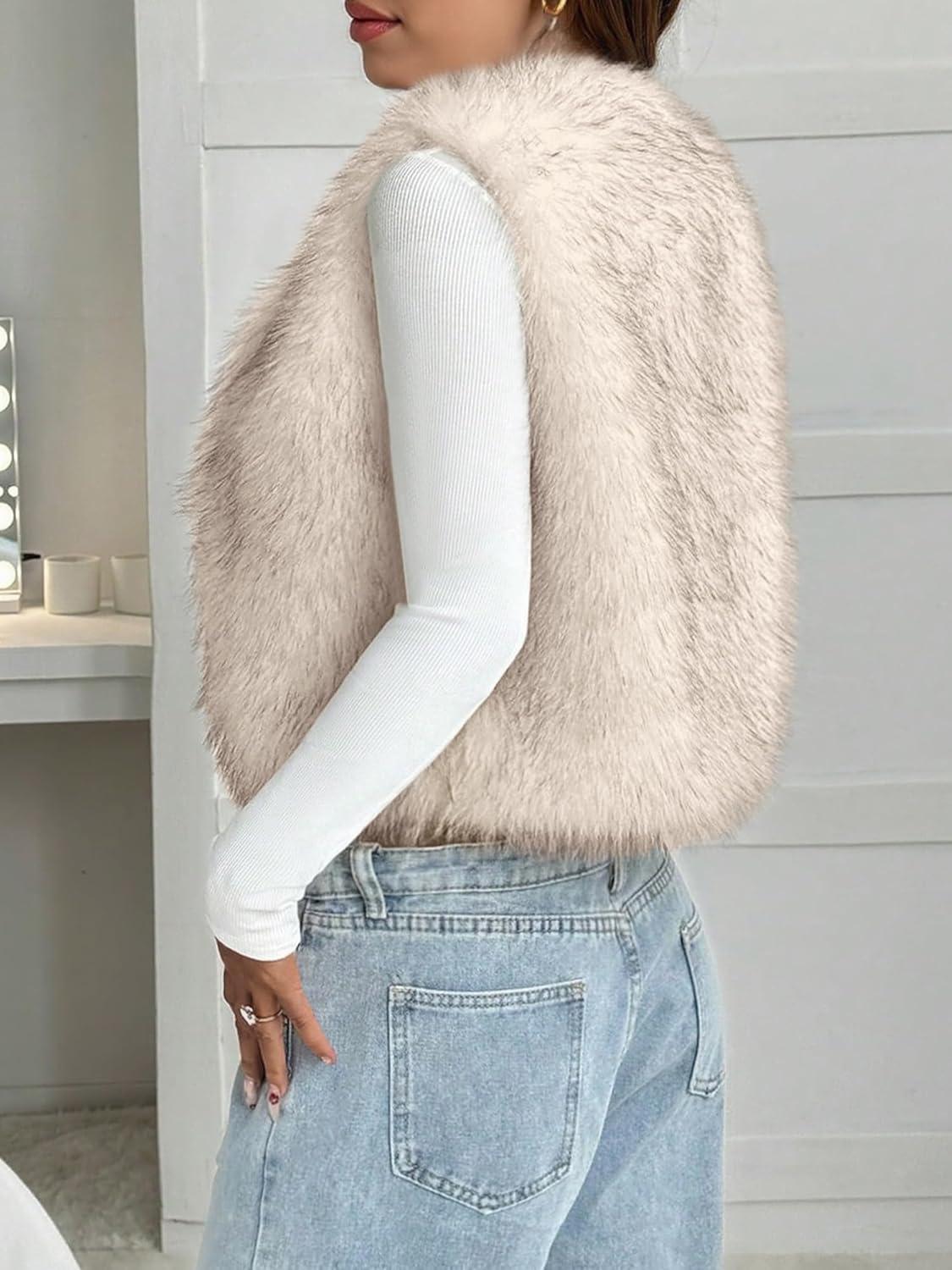 imageBTFBM Faux Fur Vest Women Fall Fashion 2025 Sleeveless Fuzzy Jacket Fluffy Coats Winter Clothing Furry Outerwear VestsApricot
