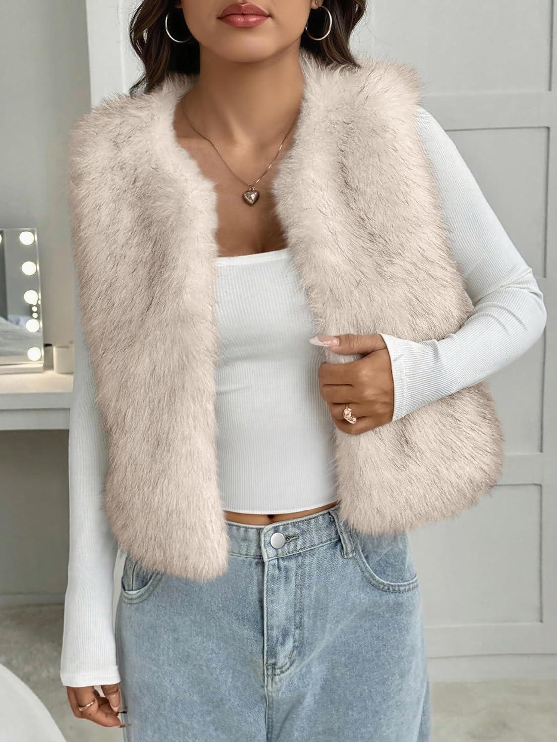 imageBTFBM Faux Fur Vest Women Fall Fashion 2025 Sleeveless Fuzzy Jacket Fluffy Coats Winter Clothing Furry Outerwear VestsApricot