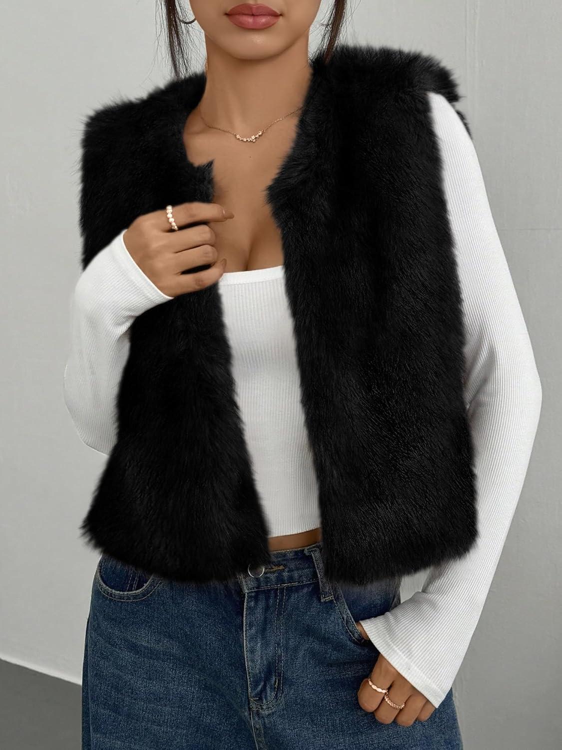 imageBTFBM Faux Fur Vest Women Fall Fashion 2025 Sleeveless Fuzzy Jacket Fluffy Coats Winter Clothing Furry Outerwear VestsBlack
