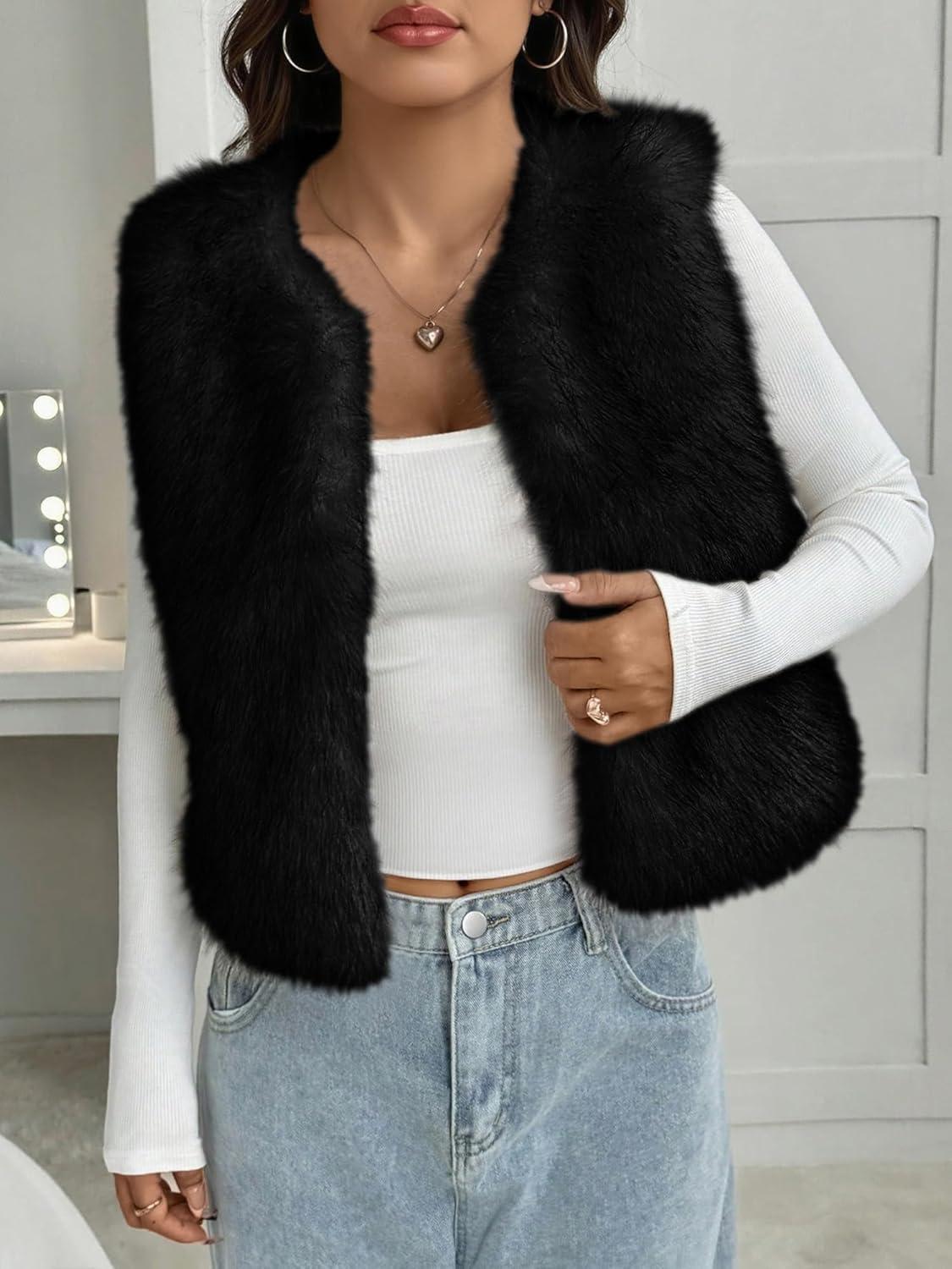 imageBTFBM Faux Fur Vest Women Fall Fashion 2025 Sleeveless Fuzzy Jacket Fluffy Coats Winter Clothing Furry Outerwear VestsBlack