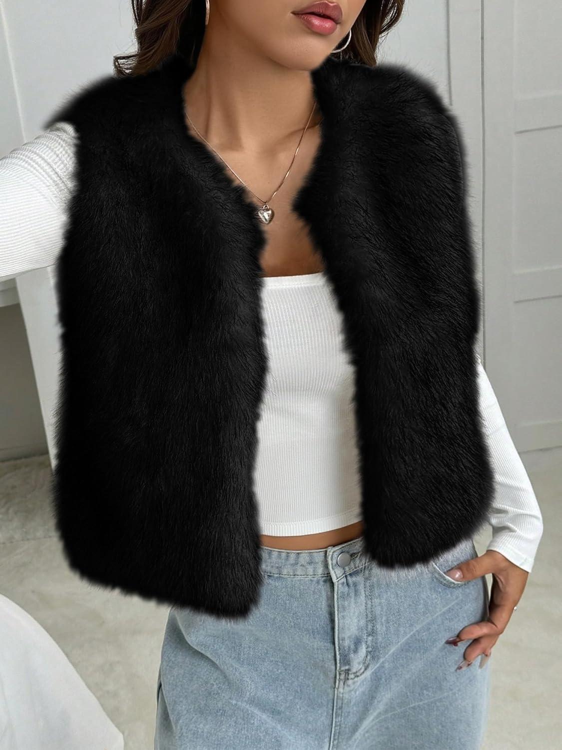 imageBTFBM Faux Fur Vest Women Fall Fashion 2025 Sleeveless Fuzzy Jacket Fluffy Coats Winter Clothing Furry Outerwear VestsBlack