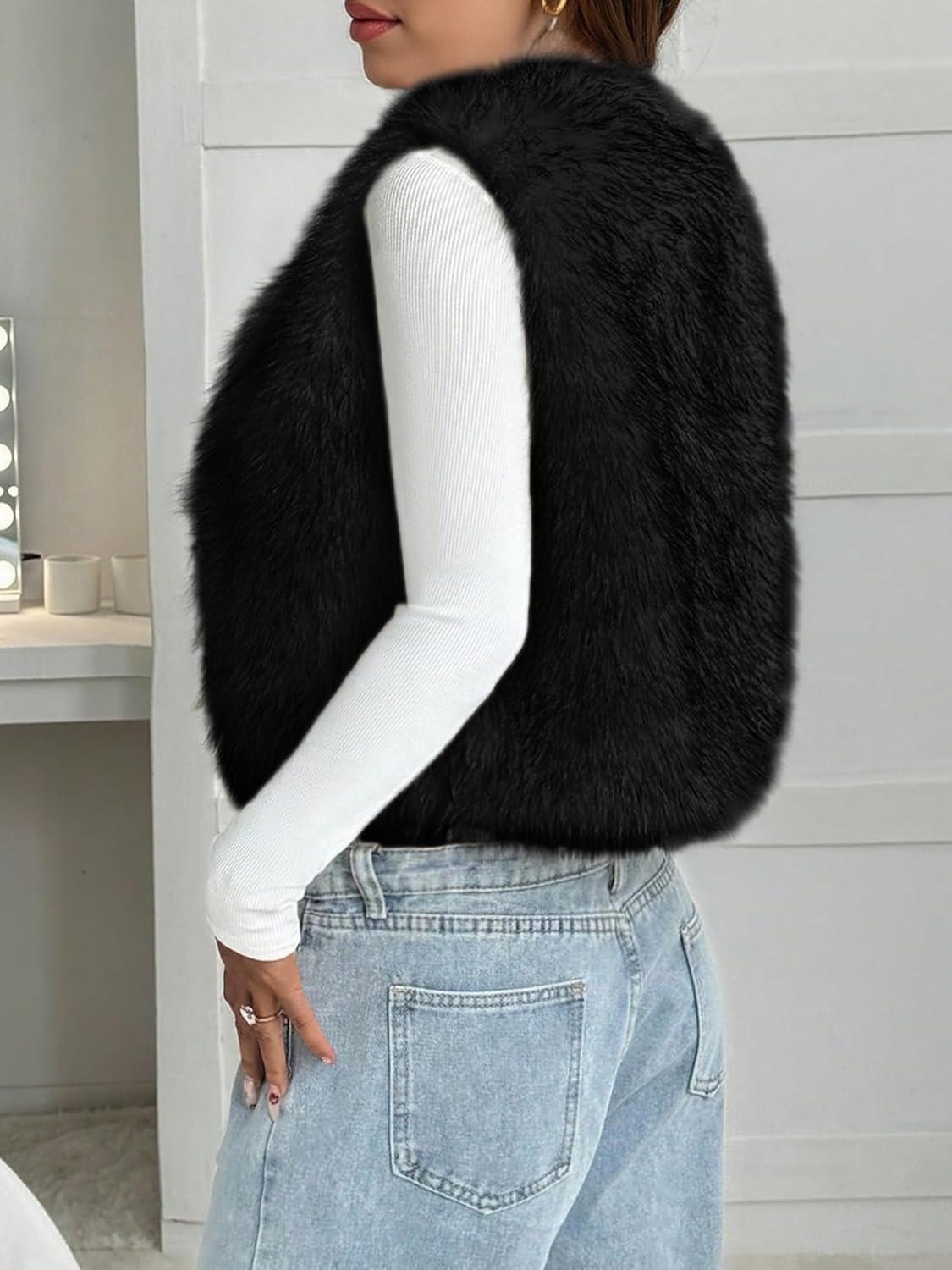 imageBTFBM Faux Fur Vest Women Fall Fashion 2025 Sleeveless Fuzzy Jacket Fluffy Coats Winter Clothing Furry Outerwear VestsBlack