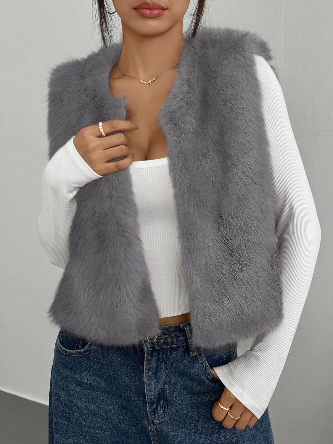 imageBTFBM Faux Fur Vest Women Fall Fashion 2025 Sleeveless Fuzzy Jacket Fluffy Coats Winter Clothing Furry Outerwear VestsGrey