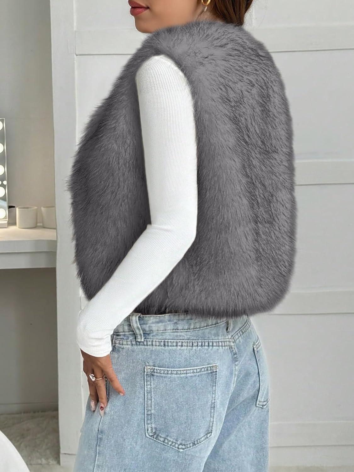 imageBTFBM Faux Fur Vest Women Fall Fashion 2025 Sleeveless Fuzzy Jacket Fluffy Coats Winter Clothing Furry Outerwear VestsGrey