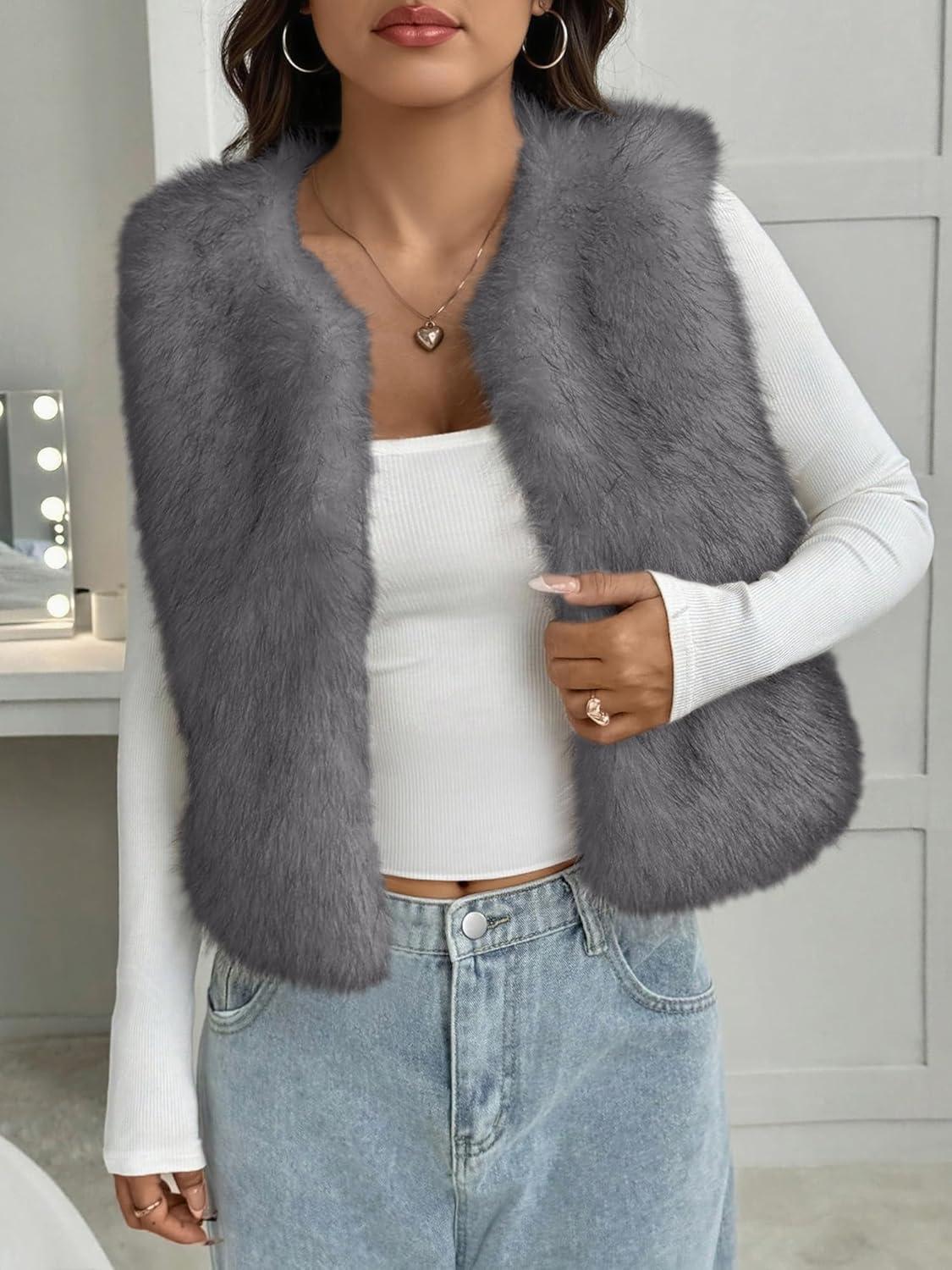 imageBTFBM Faux Fur Vest Women Fall Fashion 2025 Sleeveless Fuzzy Jacket Fluffy Coats Winter Clothing Furry Outerwear VestsGrey
