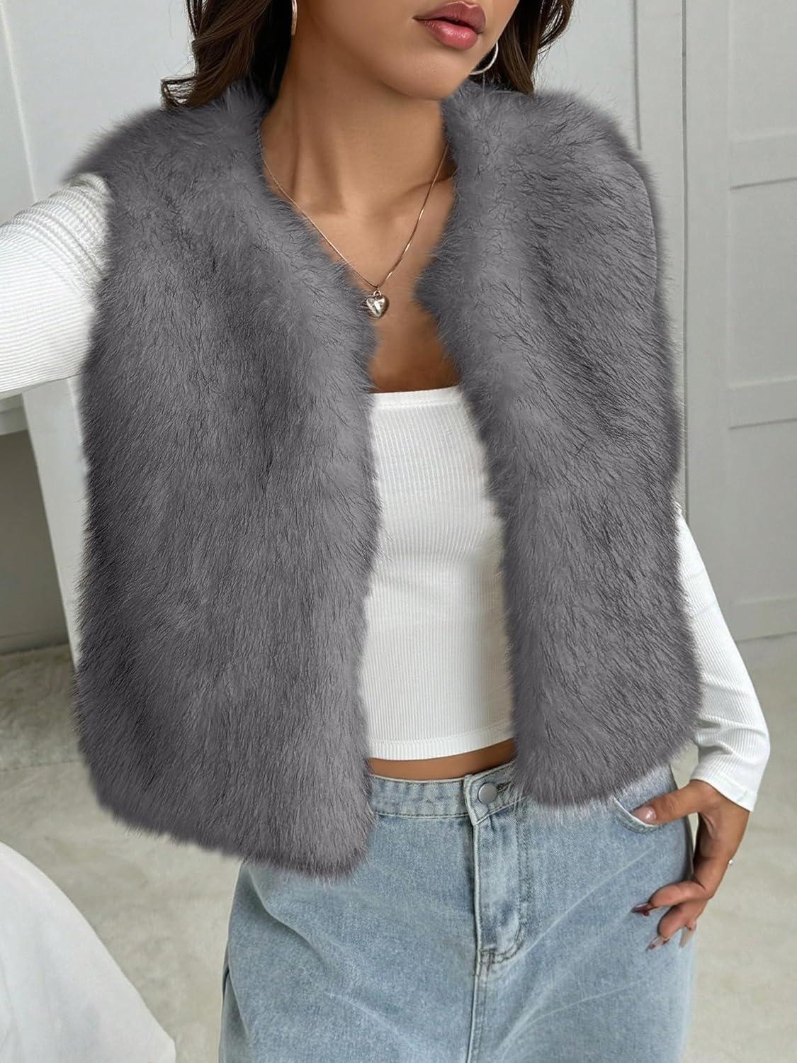 imageBTFBM Faux Fur Vest Women Fall Fashion 2025 Sleeveless Fuzzy Jacket Fluffy Coats Winter Clothing Furry Outerwear VestsGrey