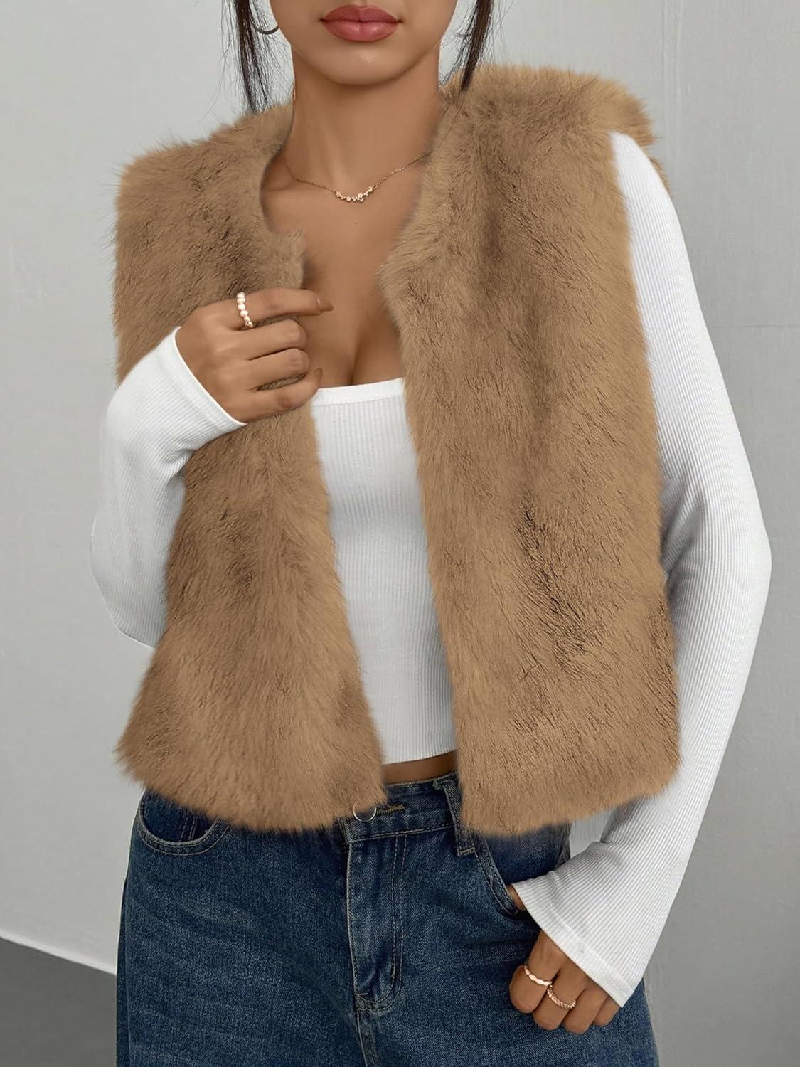 imageBTFBM Faux Fur Vest Women Fall Fashion 2025 Sleeveless Fuzzy Jacket Fluffy Coats Winter Clothing Furry Outerwear VestsKhaki