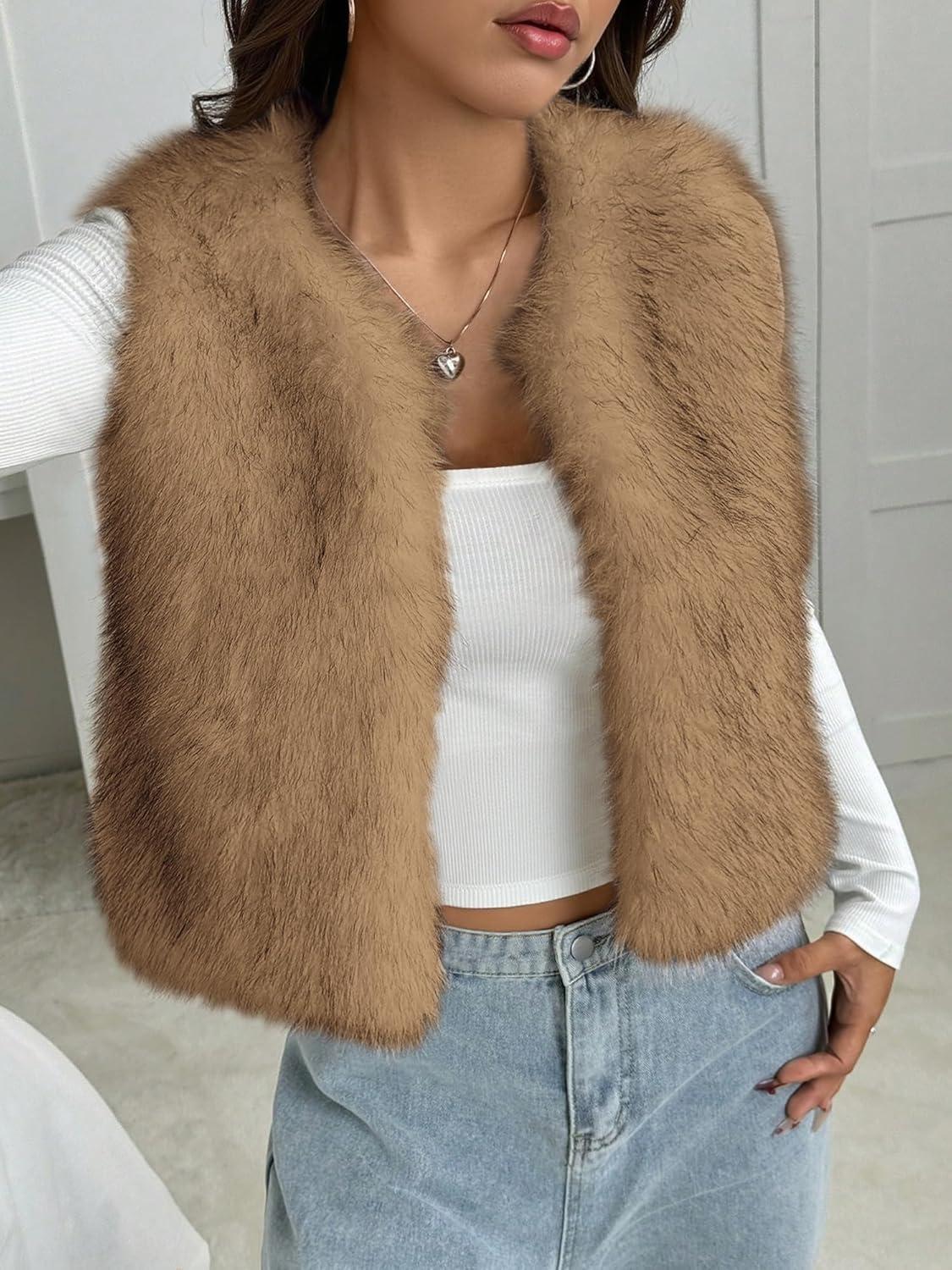 imageBTFBM Faux Fur Vest Women Fall Fashion 2025 Sleeveless Fuzzy Jacket Fluffy Coats Winter Clothing Furry Outerwear VestsKhaki
