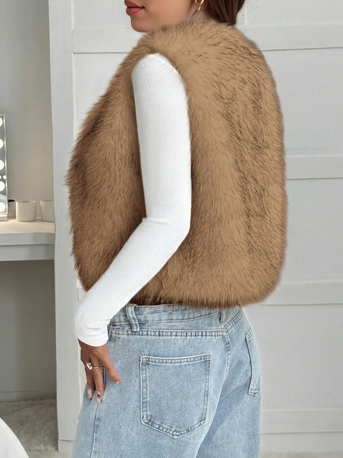 imageBTFBM Faux Fur Vest Women Fall Fashion 2025 Sleeveless Fuzzy Jacket Fluffy Coats Winter Clothing Furry Outerwear VestsKhaki