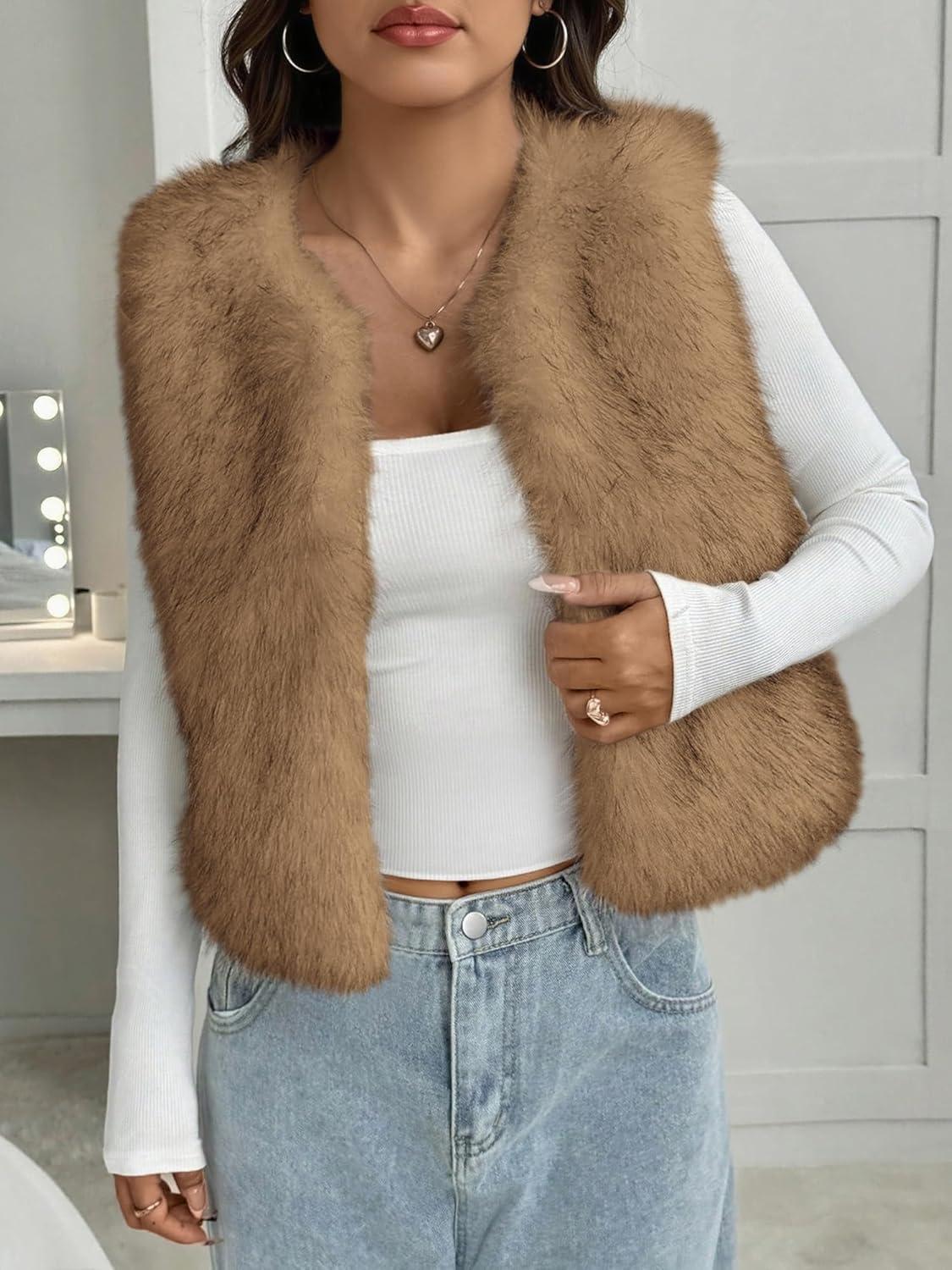 imageBTFBM Faux Fur Vest Women Fall Fashion 2025 Sleeveless Fuzzy Jacket Fluffy Coats Winter Clothing Furry Outerwear VestsKhaki