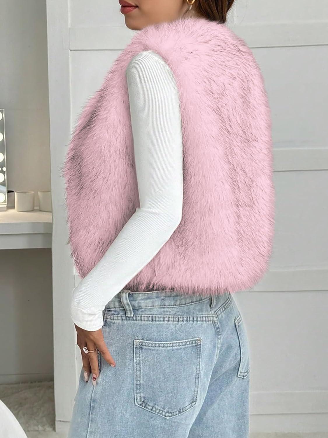 imageBTFBM Faux Fur Vest Women Fall Fashion 2025 Sleeveless Fuzzy Jacket Fluffy Coats Winter Clothing Furry Outerwear VestsPink