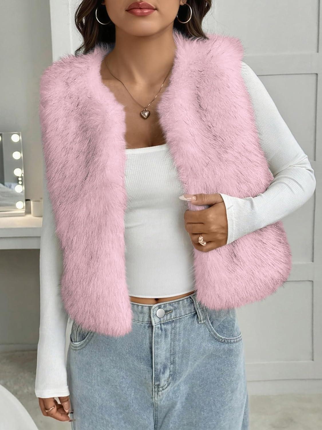 imageBTFBM Faux Fur Vest Women Fall Fashion 2025 Sleeveless Fuzzy Jacket Fluffy Coats Winter Clothing Furry Outerwear VestsPink