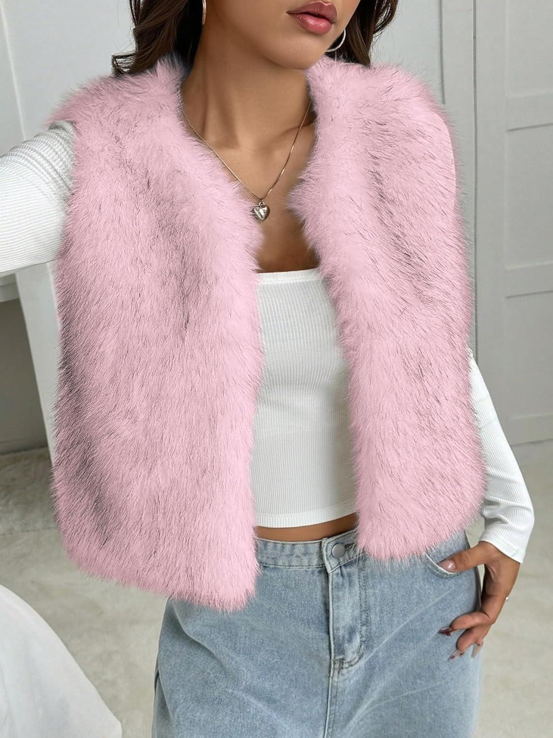 imageBTFBM Faux Fur Vest Women Fall Fashion 2025 Sleeveless Fuzzy Jacket Fluffy Coats Winter Clothing Furry Outerwear VestsPink