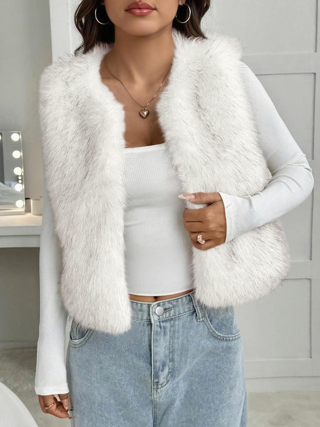 imageBTFBM Faux Fur Vest Women Fall Fashion 2025 Sleeveless Fuzzy Jacket Fluffy Coats Winter Clothing Furry Outerwear VestsWhite