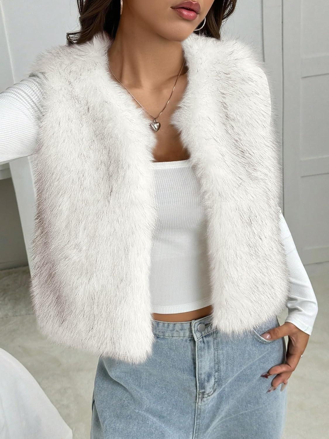 imageBTFBM Faux Fur Vest Women Fall Fashion 2025 Sleeveless Fuzzy Jacket Fluffy Coats Winter Clothing Furry Outerwear VestsWhite