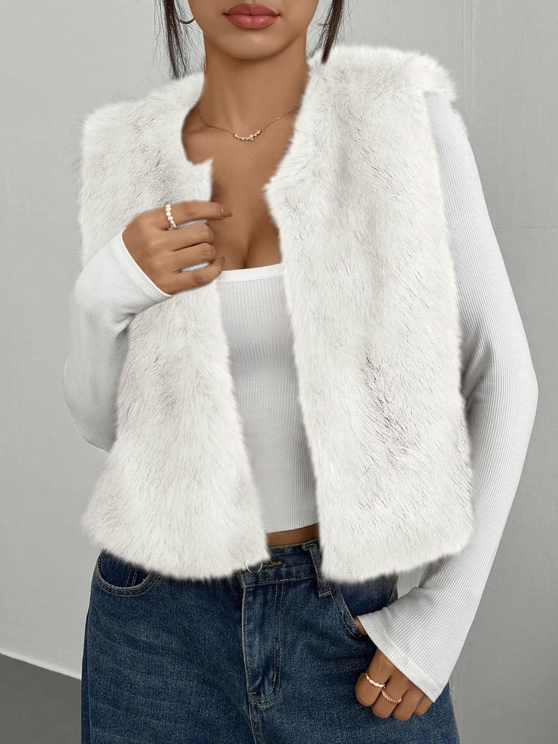 imageBTFBM Faux Fur Vest Women Fall Fashion 2025 Sleeveless Fuzzy Jacket Fluffy Coats Winter Clothing Furry Outerwear VestsWhite