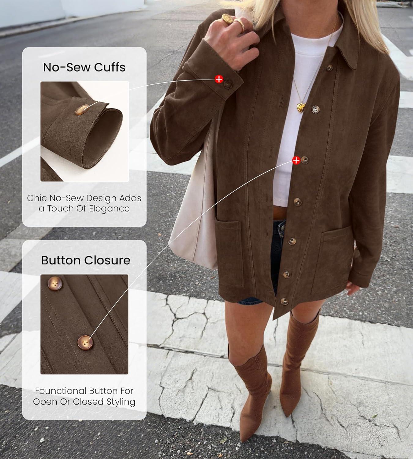 imageBTFBM Faux Suede Jacket Women Fall Fashion 2025 Leather Jackets Long Sleeve Button Down Winter Coats Shackets OuterwearDark Brown