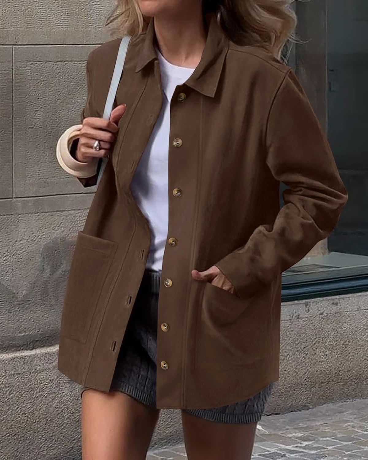 imageBTFBM Faux Suede Jacket Women Fall Fashion 2025 Leather Jackets Long Sleeve Button Down Winter Coats Shackets OuterwearDark Brown