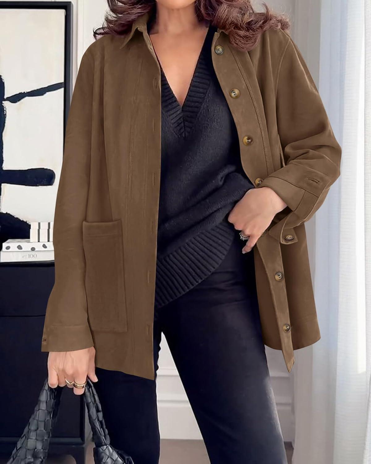 imageBTFBM Faux Suede Jacket Women Fall Fashion 2025 Leather Jackets Long Sleeve Button Down Winter Coats Shackets OuterwearLight Brown