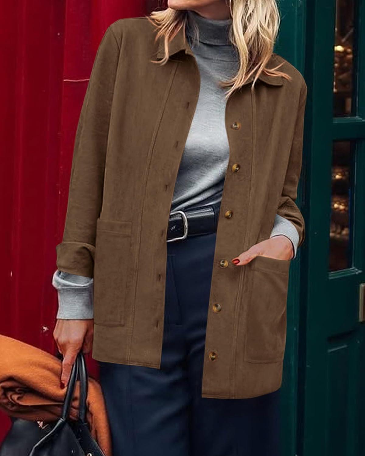 imageBTFBM Faux Suede Jacket Women Fall Fashion 2025 Leather Jackets Long Sleeve Button Down Winter Coats Shackets OuterwearLight Brown