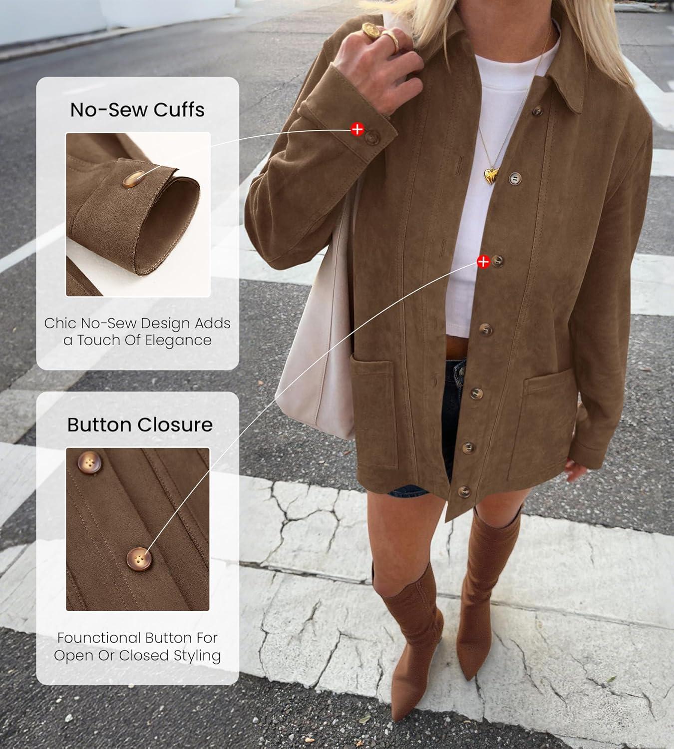 imageBTFBM Faux Suede Jacket Women Fall Fashion 2025 Leather Jackets Long Sleeve Button Down Winter Coats Shackets OuterwearLight Brown