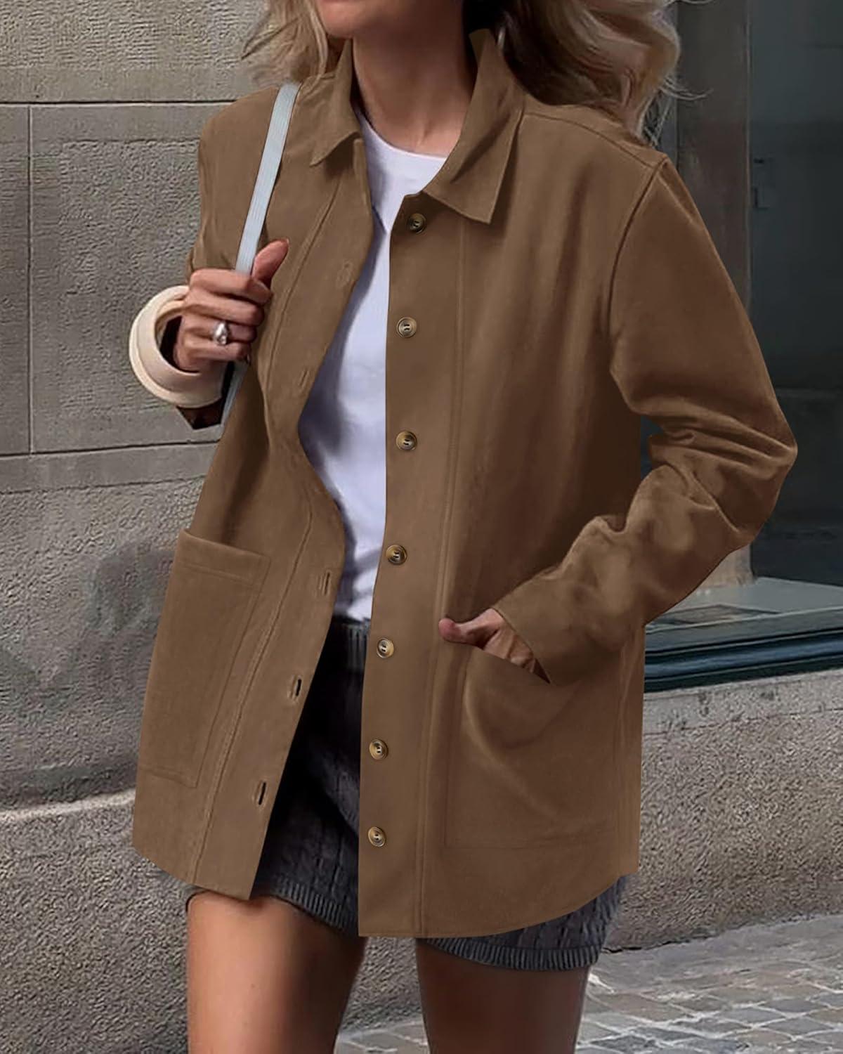 imageBTFBM Faux Suede Jacket Women Fall Fashion 2025 Leather Jackets Long Sleeve Button Down Winter Coats Shackets OuterwearLight Brown