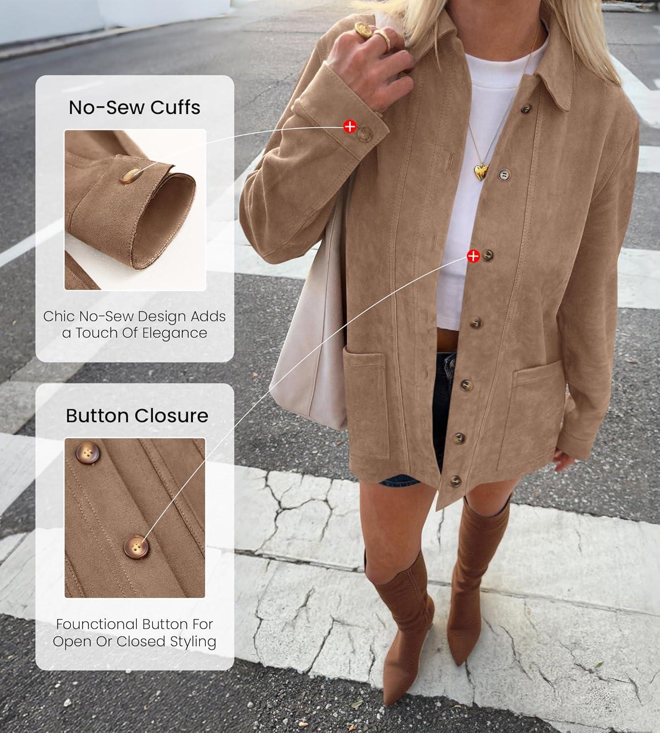 imageBTFBM Faux Suede Jacket Women Fall Fashion 2025 Leather Jackets Long Sleeve Button Down Winter Coats Shackets OuterwearLight Khaki