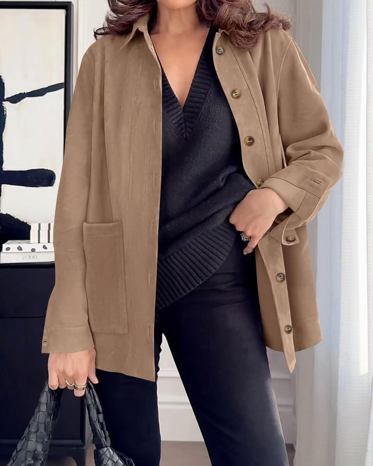 imageBTFBM Faux Suede Jacket Women Fall Fashion 2025 Leather Jackets Long Sleeve Button Down Winter Coats Shackets OuterwearLight Khaki