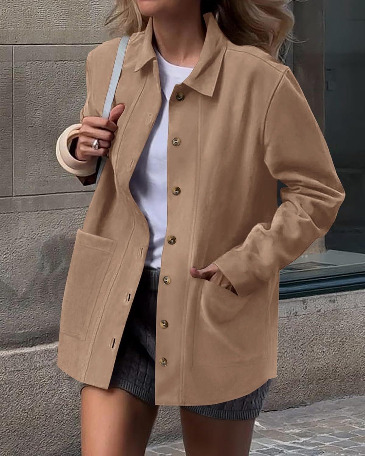 imageBTFBM Faux Suede Jacket Women Fall Fashion 2025 Leather Jackets Long Sleeve Button Down Winter Coats Shackets OuterwearLight Khaki