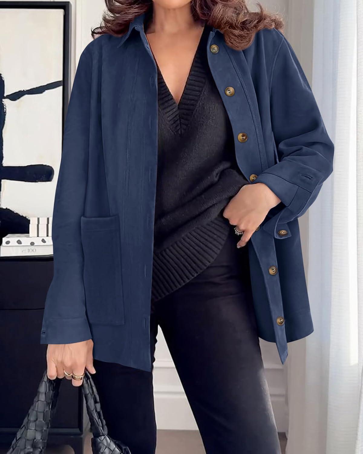 imageBTFBM Faux Suede Jacket Women Fall Fashion 2025 Leather Jackets Long Sleeve Button Down Winter Coats Shackets OuterwearNavy Blue
