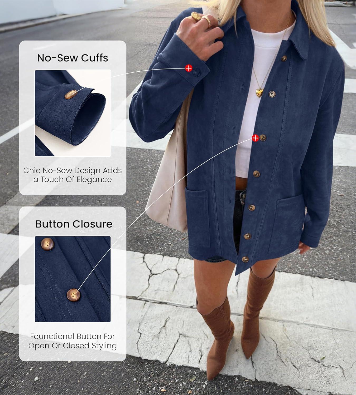 imageBTFBM Faux Suede Jacket Women Fall Fashion 2025 Leather Jackets Long Sleeve Button Down Winter Coats Shackets OuterwearNavy Blue