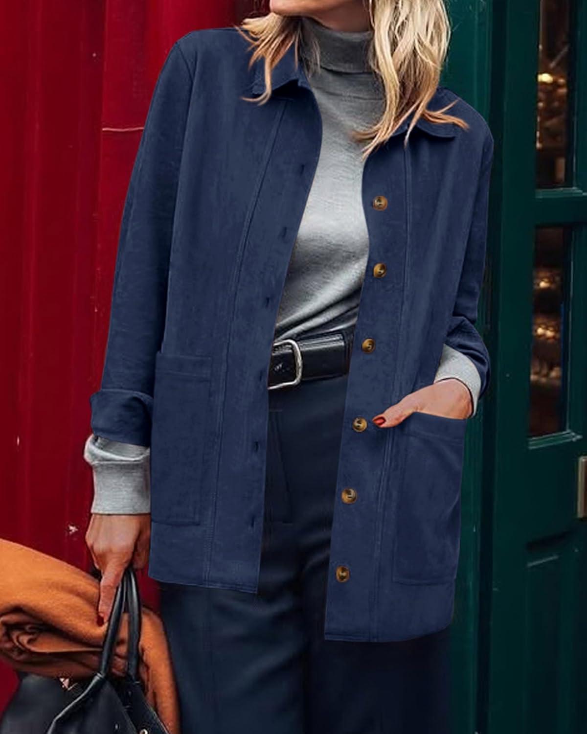 imageBTFBM Faux Suede Jacket Women Fall Fashion 2025 Leather Jackets Long Sleeve Button Down Winter Coats Shackets OuterwearNavy Blue