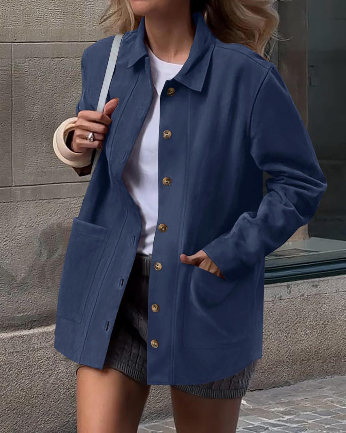 imageBTFBM Faux Suede Jacket Women Fall Fashion 2025 Leather Jackets Long Sleeve Button Down Winter Coats Shackets OuterwearNavy Blue