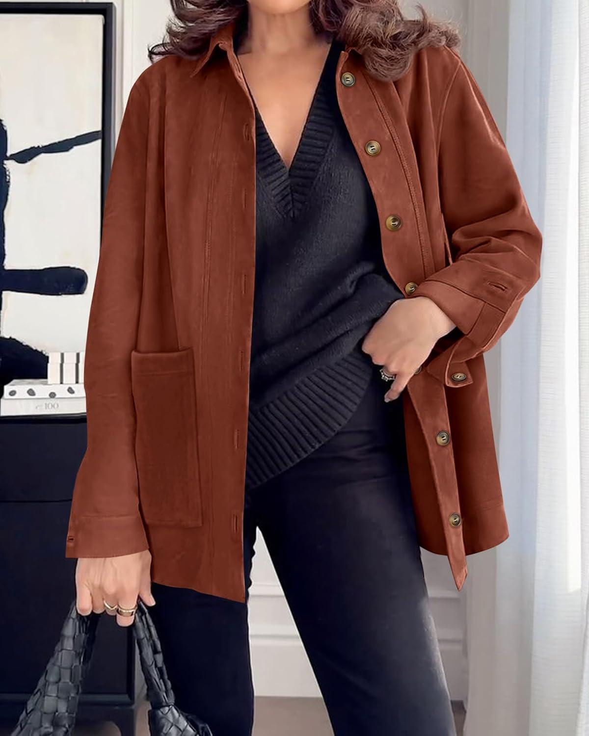 imageBTFBM Faux Suede Jacket Women Fall Fashion 2025 Leather Jackets Long Sleeve Button Down Winter Coats Shackets OuterwearRust
