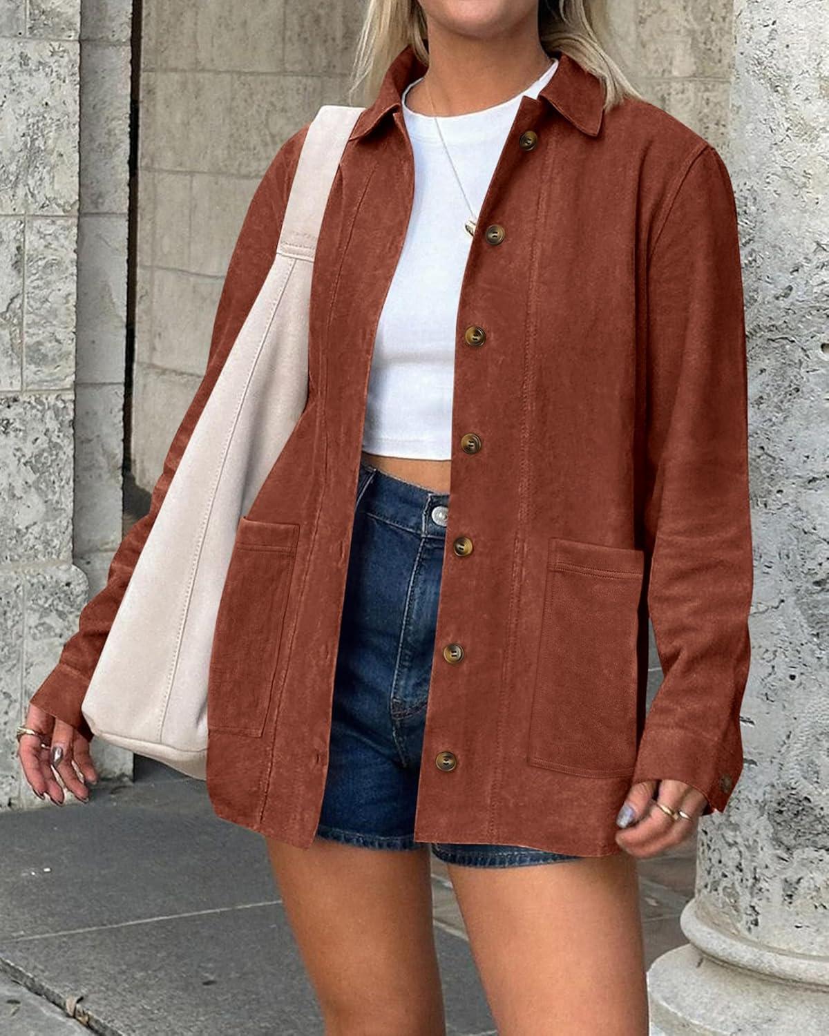 imageBTFBM Faux Suede Jacket Women Fall Fashion 2025 Leather Jackets Long Sleeve Button Down Winter Coats Shackets OuterwearRust