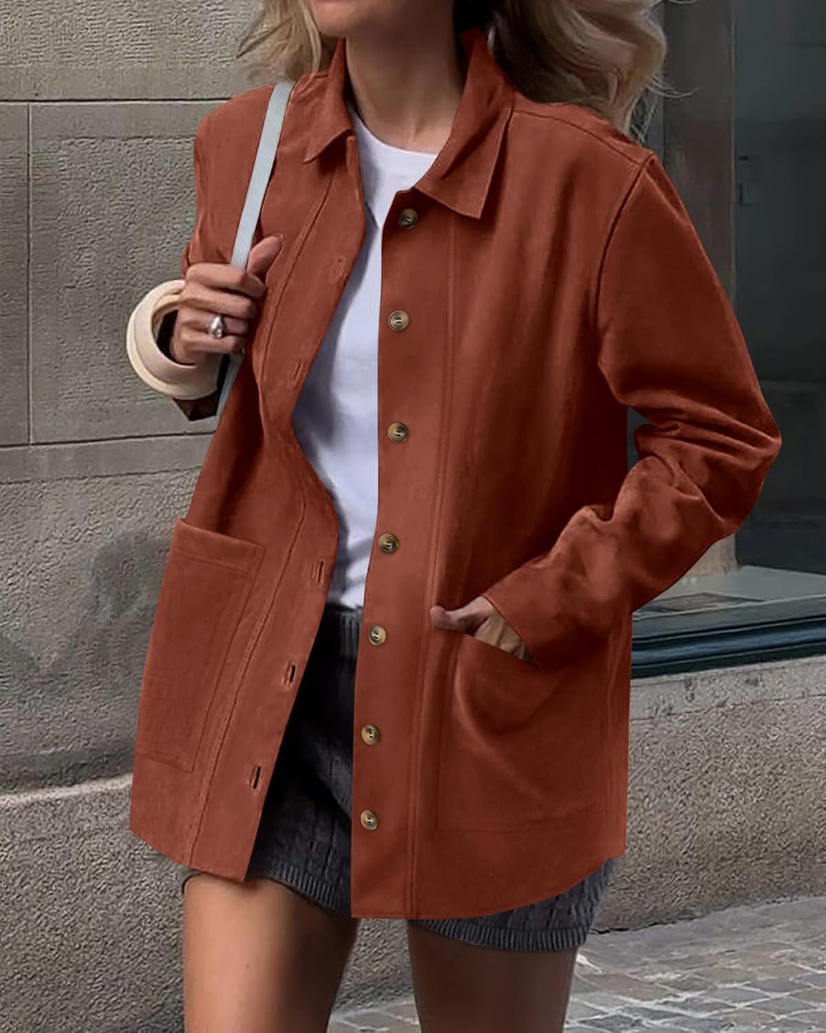 imageBTFBM Faux Suede Jacket Women Fall Fashion 2025 Leather Jackets Long Sleeve Button Down Winter Coats Shackets OuterwearRust