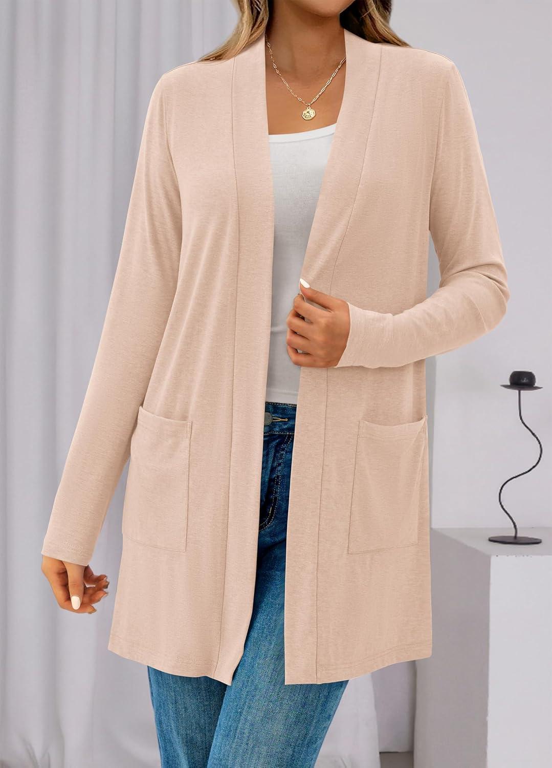 imageBTFBM Long Cardigans for Women Summer Fall Clothes 2025 Lightweight Casual Open Front Shawl Cardigan PocketsBeige