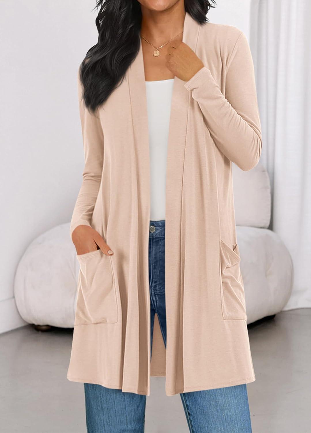 imageBTFBM Long Cardigans for Women Summer Fall Clothes 2025 Lightweight Casual Open Front Shawl Cardigan PocketsBeige