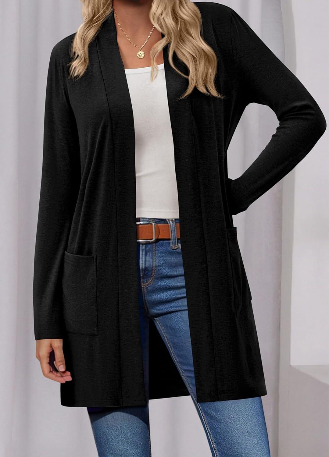 imageBTFBM Long Cardigans for Women Summer Fall Clothes 2025 Lightweight Casual Open Front Shawl Cardigan PocketsBlack