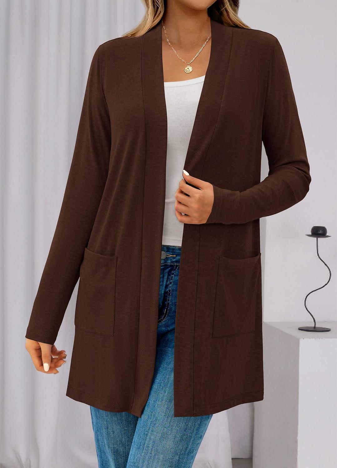 imageBTFBM Long Cardigans for Women Summer Fall Clothes 2025 Lightweight Casual Open Front Shawl Cardigan PocketsBrown