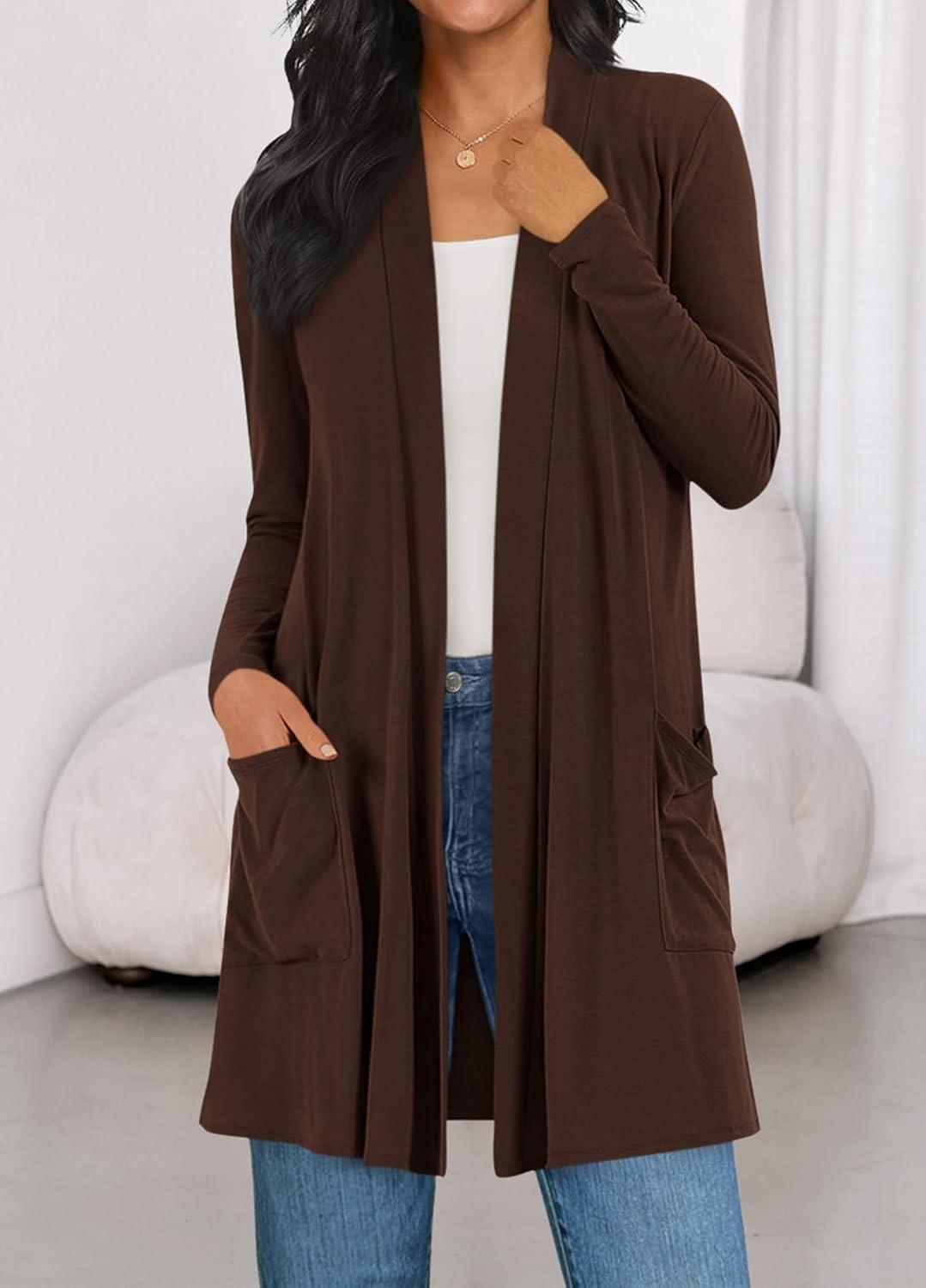 imageBTFBM Long Cardigans for Women Summer Fall Clothes 2025 Lightweight Casual Open Front Shawl Cardigan PocketsBrown