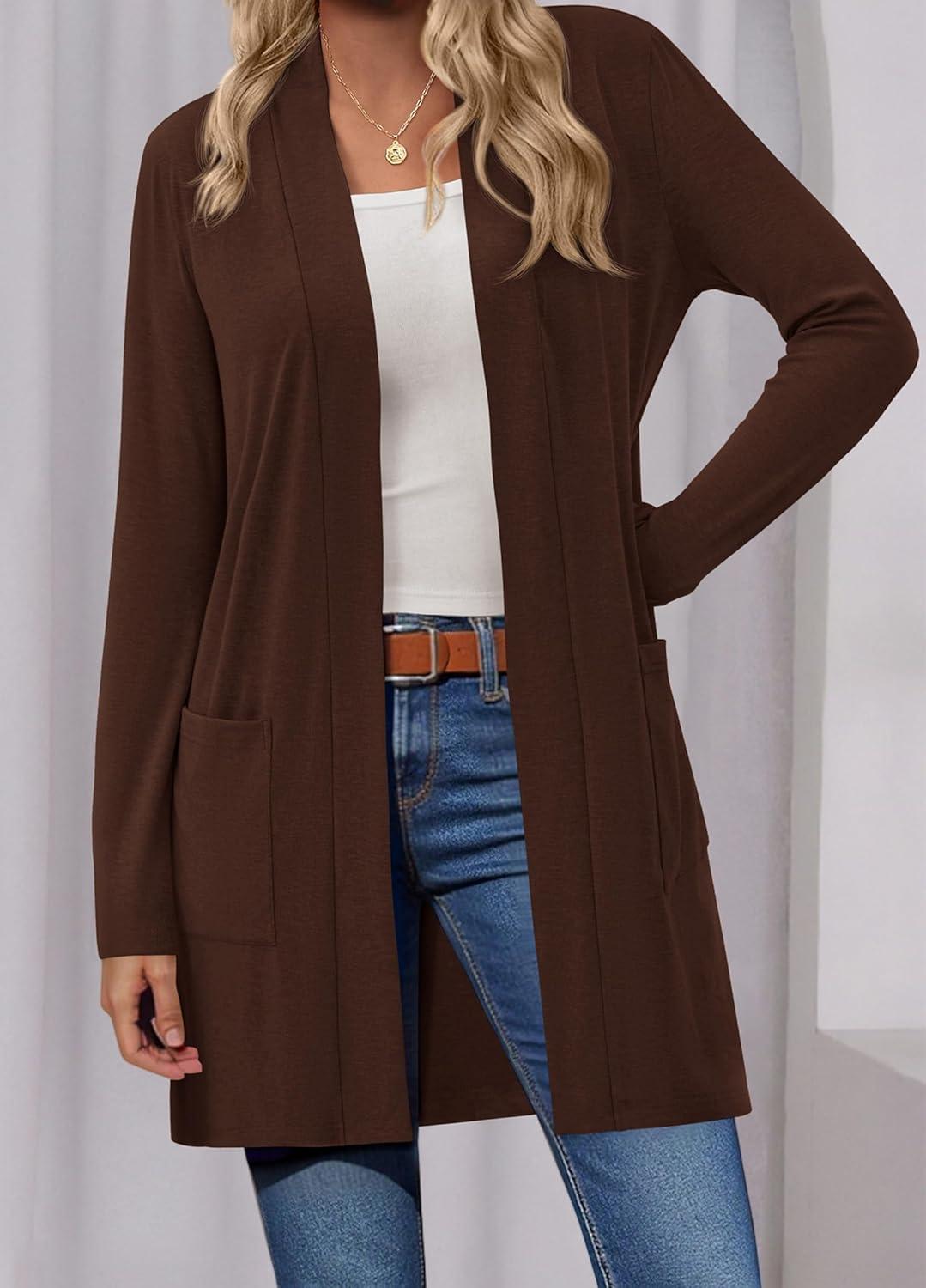 imageBTFBM Long Cardigans for Women Summer Fall Clothes 2025 Lightweight Casual Open Front Shawl Cardigan PocketsBrown
