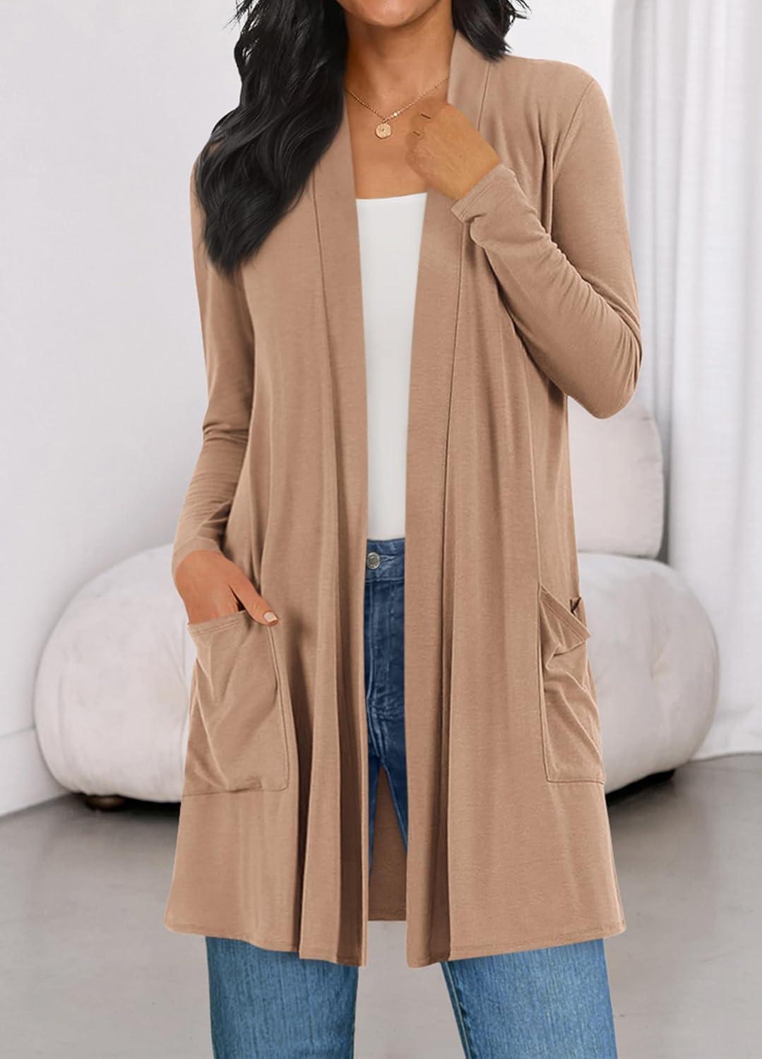 imageBTFBM Long Cardigans for Women Summer Fall Clothes 2025 Lightweight Casual Open Front Shawl Cardigan PocketsKhaki