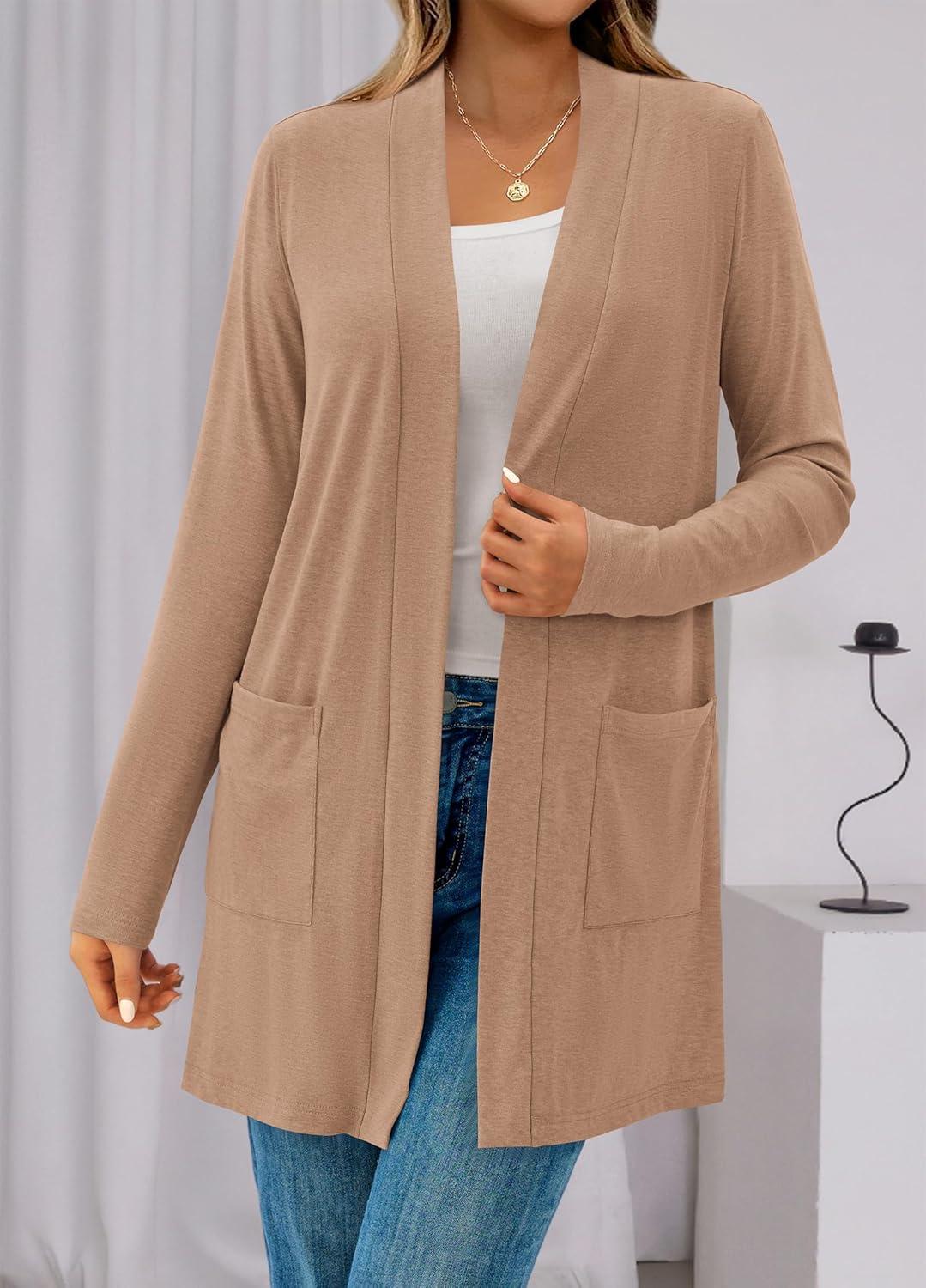 imageBTFBM Long Cardigans for Women Summer Fall Clothes 2025 Lightweight Casual Open Front Shawl Cardigan PocketsKhaki