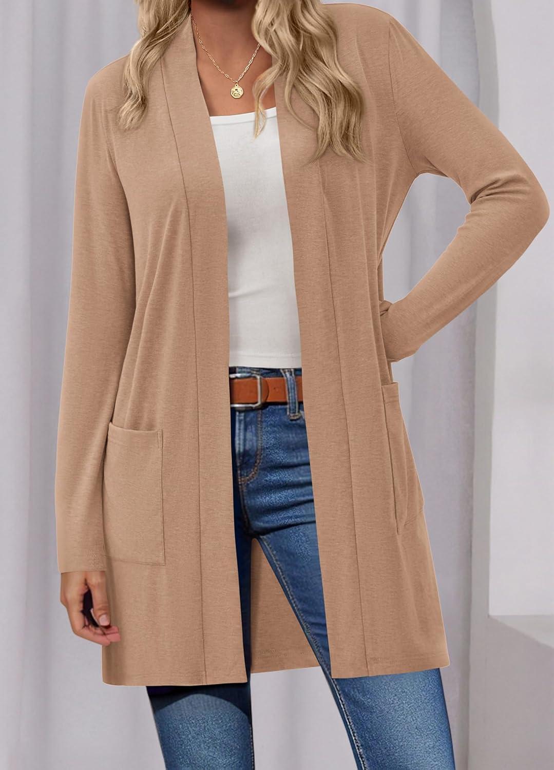 imageBTFBM Long Cardigans for Women Summer Fall Clothes 2025 Lightweight Casual Open Front Shawl Cardigan PocketsKhaki