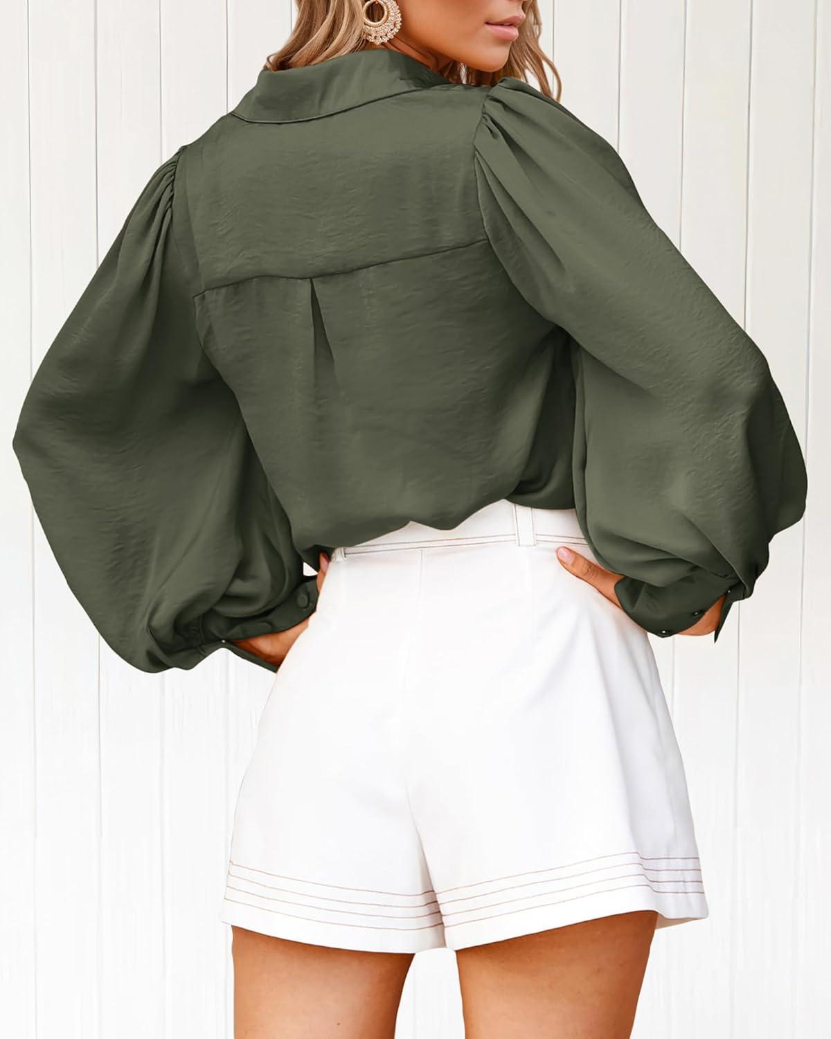 imageBTFBM Women Satin Button Down Shirts Lantern Long Sleeve Blouses Summer Fall Business Casual Outfits Dressy Work TopsArmy Green